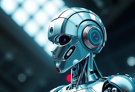 Sleek chrome humanoid robot with advanced sensors, poised for action, system, science