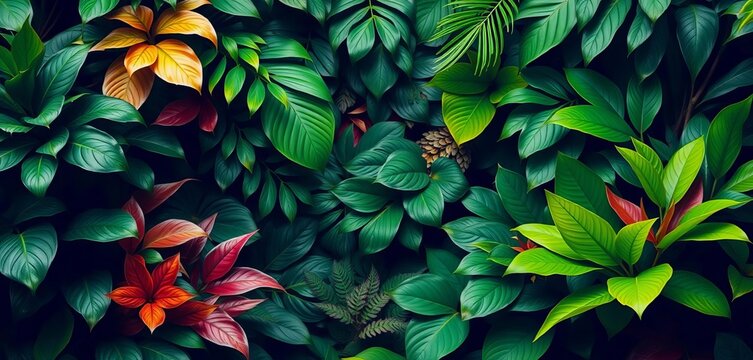 Lush, vibrant tropical foliage backdrop with various green leaves, plants, palm leaves