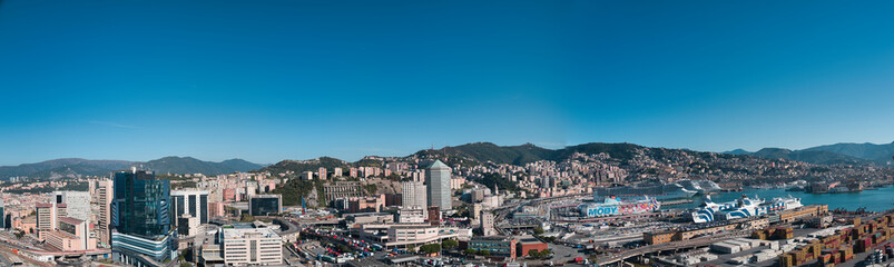 large panorama of Genoa in Italy with blue sky