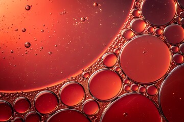 A close-up view of spherical oil droplets suspended in a reddish liquid, forming clustered patterns that highlight surface tension and the behavior of immiscible fluids.