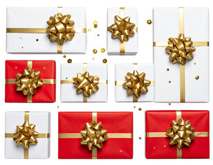 Luxury Wrapped Christmas Presents with Shiny Gold Bows and Confetti, Top-Down Flat Lay, Isolated PNG.And transparent the background.
