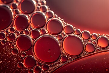Macro close-up of red liquid bubbles forming along a surface, showing a detailed structure of foam and fluid tension. The lighting highlights the translucent edges and curved shapes of the bubbles.