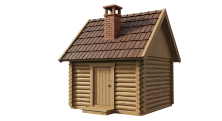 A small log cabin with a brick chimney and brown roof on transparent background, png