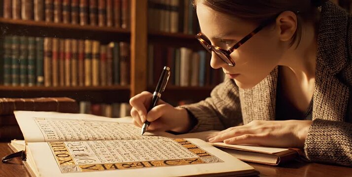 Woman in glasses writing in an old book in a library.