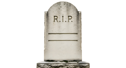 A weathered gravestone with r i p inscription on it on transparent background, png