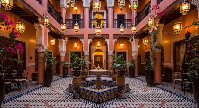 Beautiful riad courtyard with fountain and lanterns in marrakesh, morocco