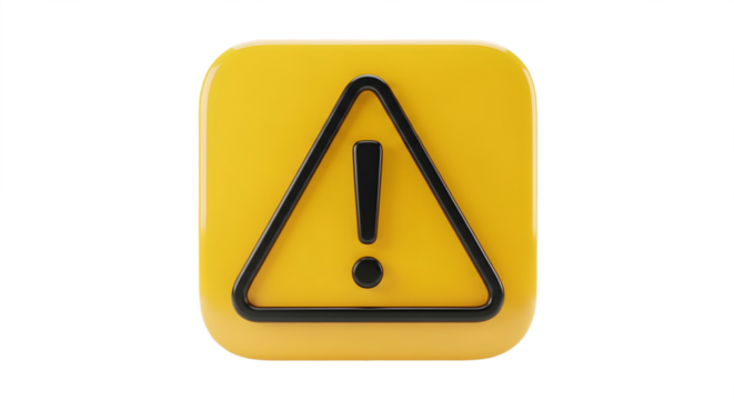 A yellow warning sign with a black exclamation point on transparent background, png