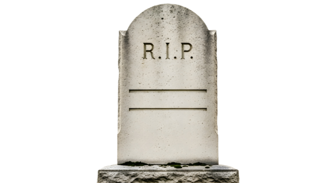A weathered gravestone with r i p inscription on it on transparent background, png