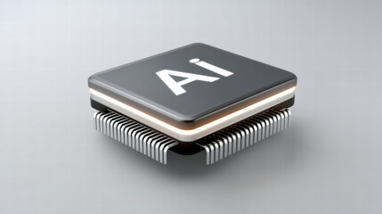 AI inference in IoT devices shown as microchip with modern design and metallic pins on gray background