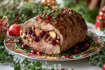 A festive apple and cranberry stuffed pork roast served elegantly on a holiday table, surrounded by fresh herbs and colorful seasonal decorations, capturing the essence of warmth and celebration.