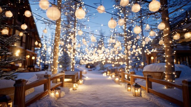 Enchanted Winter Pathway with Glowing Lanterns and Festive Lights