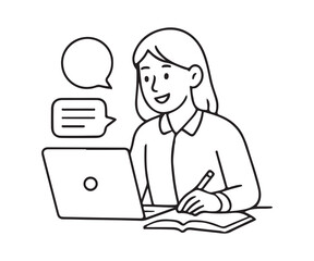 Bright businesswoman actively learning, typing on laptop, and taking notes while smiling in a modern, collaborative workspace setting