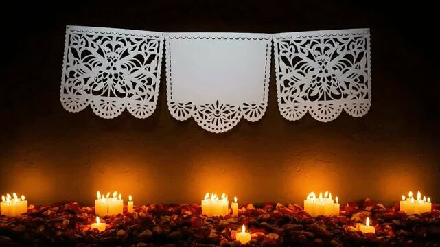 day of the dead background - Candles glow around delicate papel picado banners creating a warm, festive atmosphere for cultural celebrations