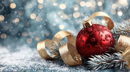 Festive Red Christmas Ornament with Glitter and Snowy Background