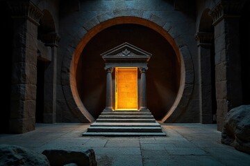 A symbolic representation of the empty tomb on Easter morning, with a radiant beam of light emanating from within. A stark and symbolic representation of an empty tomb entrance on Easter morning. A