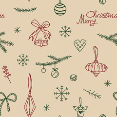 Merry Christmas seamless pattern with cute and whimsical doodle holiday elements. Vector illustration spruce branches, snowflakes, bell, decorative ball and angle on beige background.