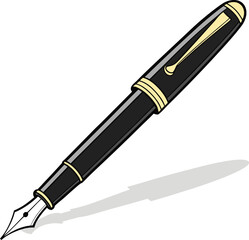An illustration of a hand holding a classic fountain pen and writing a line. Vector art concept for signature, calligraphy, and education.