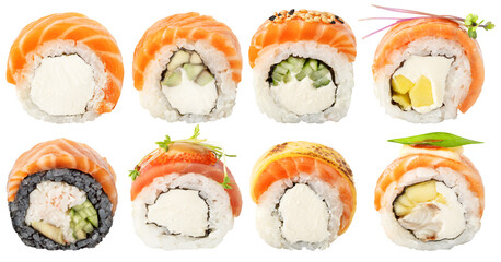 Collection of different sushi rolls. Various fish (salmon, tuna). Set of philadelphia type rolls (cheese, cucumber, avocado, sesame) isolated on white background