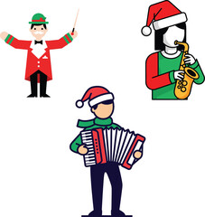 Three cartoon characters dressed for christmas playing musical instruments for holiday cheer