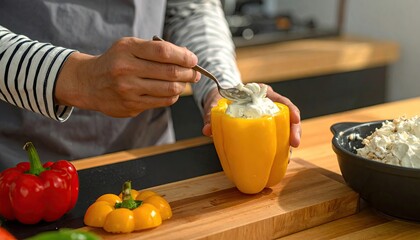 A person fills a yellow pepper half with a creamy mixture in a bright kitchen
