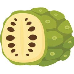 Half Cut Soursop Fruit Showing Seeds and Creamy Flesh With Green Scaly Exterior on Transparent Background