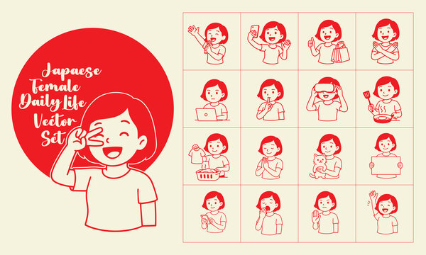Cute outline illustration set of a short-haired Japanese woman doing daily activities &mdash; cooking, shopping, working, praying, playing with cat, and more. Japanese minimalist vector style.