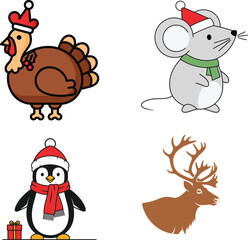 Cute cartoon holiday characters including a turkey mouse penguin and reindeer wearing santa hats