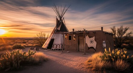 Native american tipi and adobe house at sunset in the desert landscape travel photo