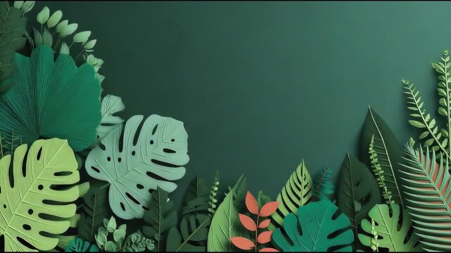 A vibrant display of tropical leaves in varied greens against a teal backdrop and lushsoft textures