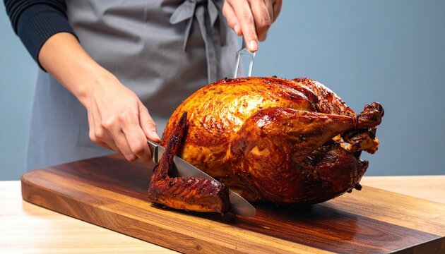 A person carves a golden-brown roasted fowl with a knife on a wooden cutting board - Powered by Adobe