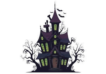 A spooky, illustrated haunted house with bats and gnarled trees. Perfect for Halloween designs and digital art. Bold, dark colors create a chilling visual.