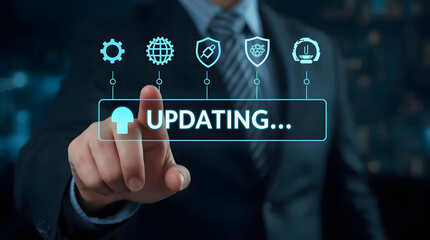 Closeup of a businessmans hand touching a screen displaying updating with technology icons
