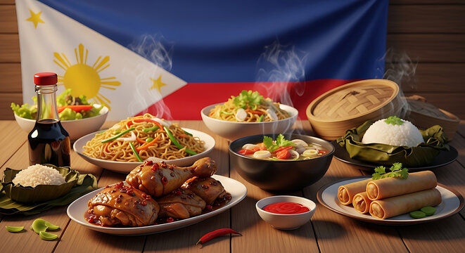 Philippines Flag with Traditional Filipino Food &ndash; Adobo, Pancit, and Sinigang in 8K Realistic Scene
