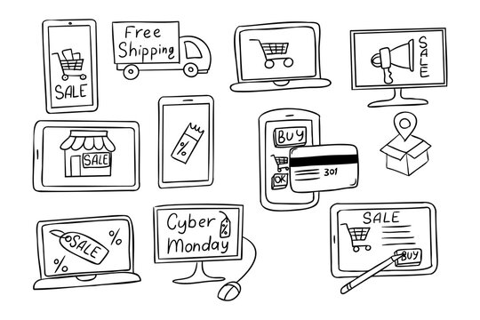 Hand drawn vector doodles of online shopping and sales with devices, credit cards, and delivery icons. The concept represents e-commerce, discounts, and digital marketing promotion