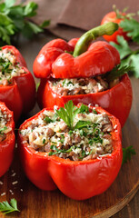 Stuffed red peppers with minced meat, rice, parmesan cheese