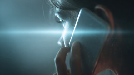 Biometric face scan light beam smartphone security digital verification futuristic glow cyber privacy user profile closeup technology concept