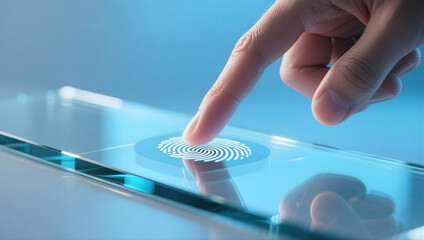 Futuristic fingerprint scanner touch biometric security digital authentication glass interface fingerprint sensor cyber defense identity access