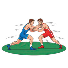 Two Wrestlers Grappling On Green Mat In Competitive Stance Isolated On Transparent Background