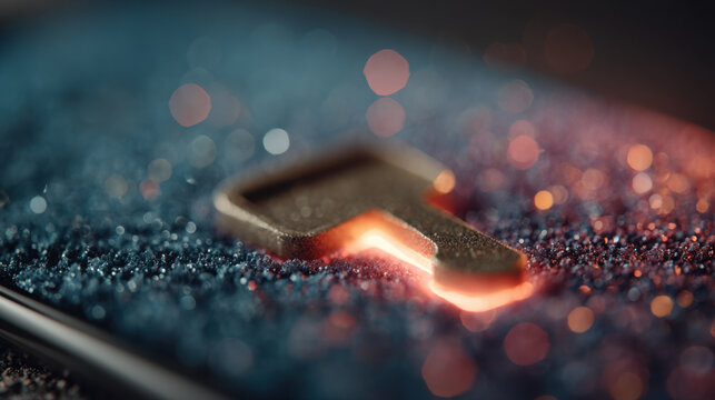 Glowing key icon digital lock cyber security encryption passkey ux access control neon bokeh glow evokes trust and focus on secure login