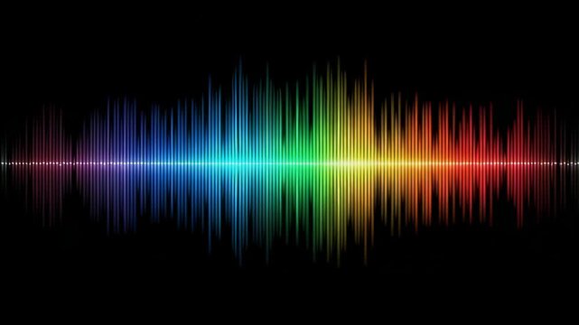 A vibrant rainbow audio spectrum stretches across a black background with mirrored spikes and glow!!