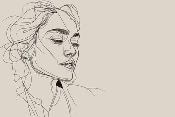 Line Art Portrait outline illustration of fair Indian woman, fine continuous lines, creative design tone