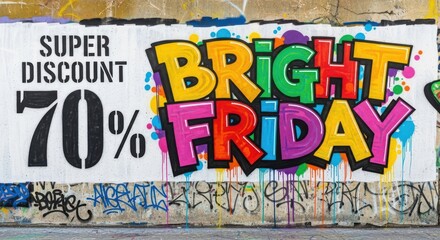 Bright friday super discount 70 percent off graffiti on a wall in urban environment