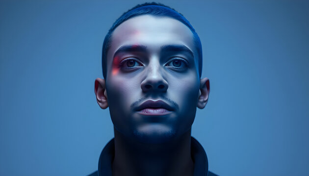 Portrait of a young man with a virtual projection of a human head