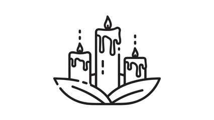 Fototapeta premium Line-Art Candle Centerpiece with Leaf Base, Three Monoline Candles and Drips, Minimal Black Outline Icon for Modern Holiday Tables and Menus