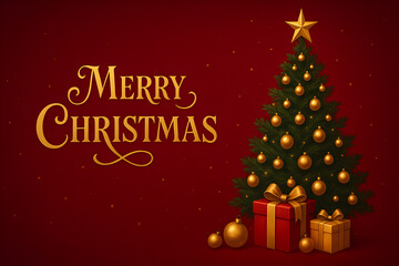 A christmas tree with golden ornaments and presents with a merry christmas message on a dark red background, christmas