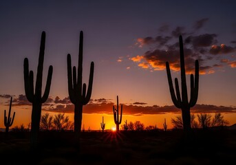 Silhouette of cacti against a vibrant sunset in the desert landscape scenery view