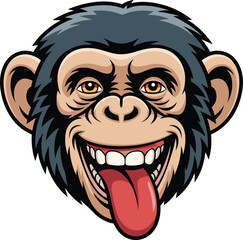 Cheeky Chimp Monkey Head Cartoon Vector Illustration Wide Smile Tongue Out Happy Primate Mascot Character Graphic.