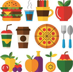 Vector icons collection of delicious fast food and fresh fruits for graphic design projects vector