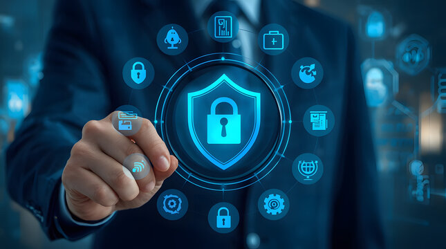 Businessman touching a digital shield with a padlock, representing cybersecurity and data protection in a network
