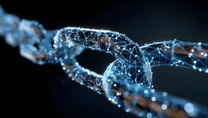Close-up of a metal chain with a blue wireframe pattern, symbolizing blockchain technology.